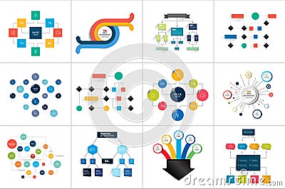 Fowcharts schemes, diagrams. Mega set. Simply color editable. Vector Illustration