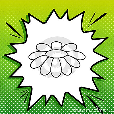 Fower Chamomile sign illustration. Black Icon on white popart Splash at green background with white spots. Illustration Cartoon Illustration