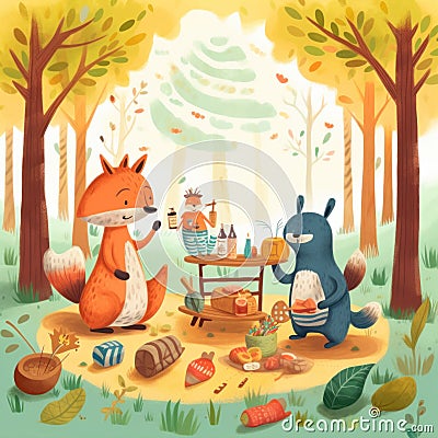 A fox and a bear are having a picnic in the woods. Generative AI image. Stock Photo