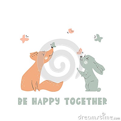 Fox and bunny baby cute print. Forest friends enjoy butterfly together Vector Illustration