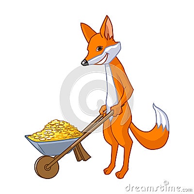 Fox carrying a wheelbarrow with gold Vector Illustration
