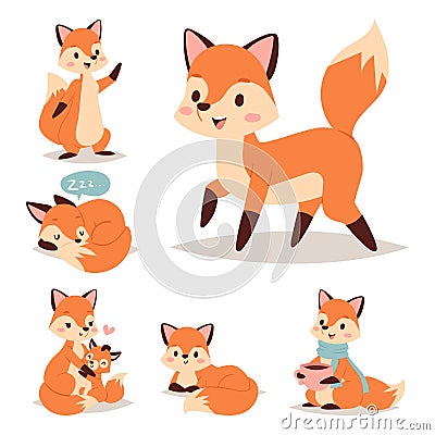 Fox character doing different foxy activities funny happy nature red tail and wildlife orange forest animal style Vector Illustration