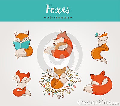 Fox characters, cute, lovely illustrations Vector Illustration