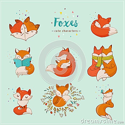 Fox characters, cute, lovely illustrations Vector Illustration