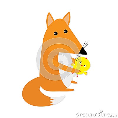 Fox and chicken friends Cute cartoon character. Forest animal collection. White background. Isolated. Flat design Vector Illustration