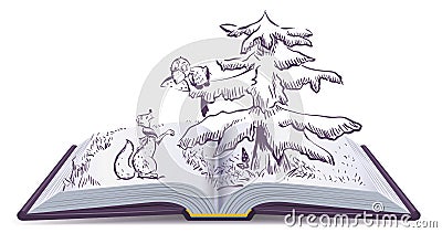 Fox and Crow story. Open book fable illustration Vector Illustration