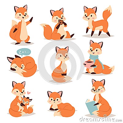 Fox cute adorable character doing different activities funny happy nature red tail and wildlife orange forest animal Vector Illustration