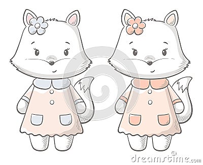 Fox cute print. Sweet baby girl shower card. Vector Illustration