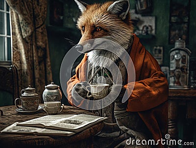 A fox eats breakfast in a robe and reads a newspaper Stock Photo