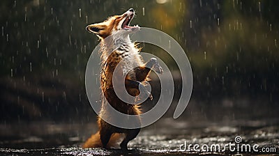a fox elegantly dancing in the rain, captured with meticulous attention to detail and realistic lighting effects Stock Photo