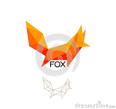 Fox geometrical sign, cat, dog abstract polygonal vector logo template. Origami orange color low poly wild animals icon. Vector Illustration