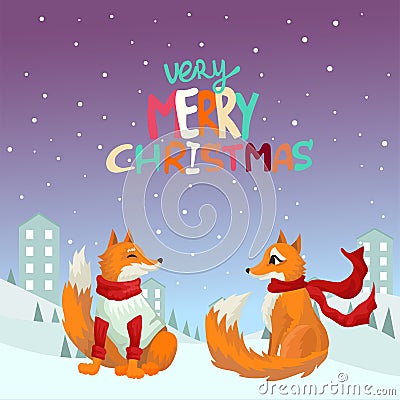 Fox the girl and a fox the boy walk in the winter near the city and the forest. Congratulation of Very Merry Christmas Vector Illustration