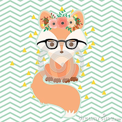 Fox in glasses in floral wreath Vector Illustration