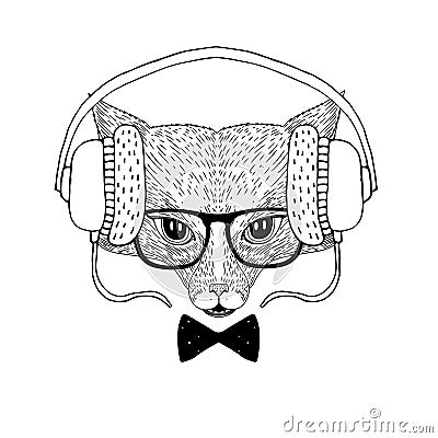 Fox with glassesand headphones on the head. Hipster fox Cartoon Illustration