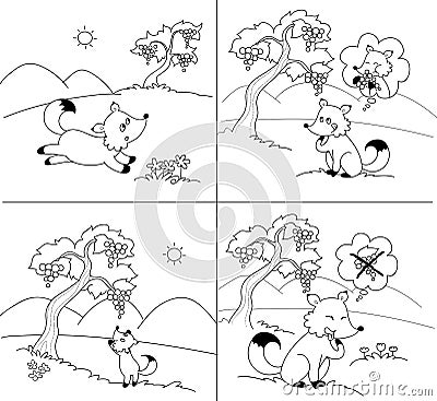 The Fox and the Grapes fable vector Cartoon Illustration