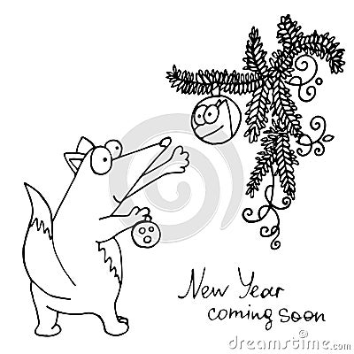 Fox hangs a toy ball on a Christmas tree. New Year vector illustration Vector Illustration