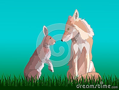 Fox and hare sitting on the grass Cartoon Illustration