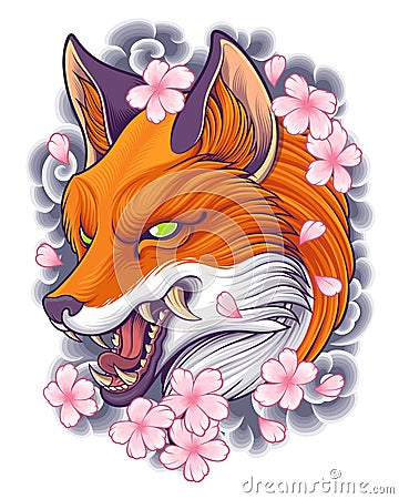 Fox Head Illustration with Japanese Tattoo Art Background Stock Photo