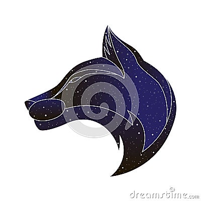 Fox head profile. Vector line animal illustration, night sky color silhouette isolated on white background Vector Illustration