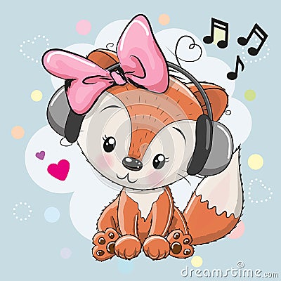 Fox with headphones and hearts Vector Illustration