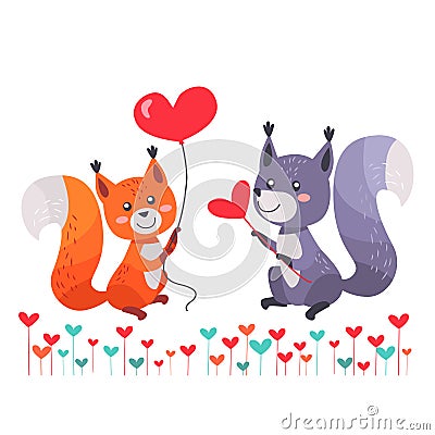 Fox with Heart Shaped Balloon and Squirrel Lovers Vector Illustration