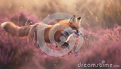 Fox on a heath. AI generated. Stock Photo