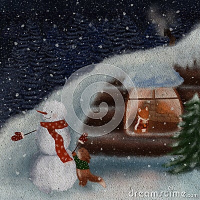 Fox making a snowman while mother fox sitting at home and watching illustration Cartoon Illustration
