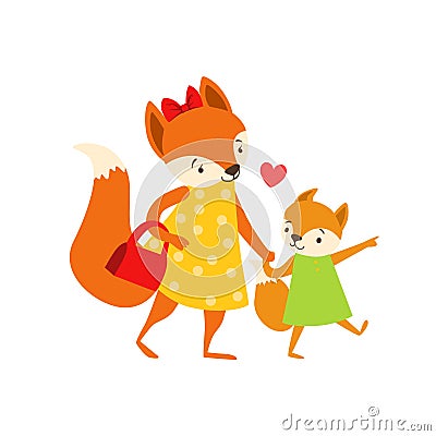 Fox Mom In Dress With Handbag Animal Parent And Its Baby Calf Parenthood Themed Colorful Illustration With Cartoon Fauna Vector Illustration