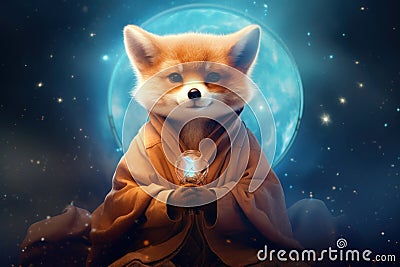 Fox in monk robes meditating under a starry sky. Serene animal practices Zen meditation in the lotus position, aiming Stock Photo