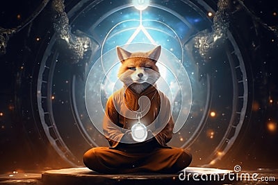 Fox in monk robes meditating under a starry sky. Serene animal practices Zen meditation in the lotus position, aiming Stock Photo