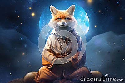 Fox in monk robes meditating under a starry sky. Serene animal practices Zen meditation in lotus position, aiming for Stock Photo