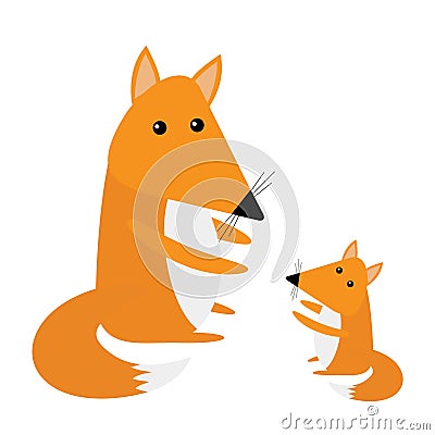 Fox mother and baby. Cute cartoon character set. Forest animal collection. White background. Isolated. Flat design Vector Illustration