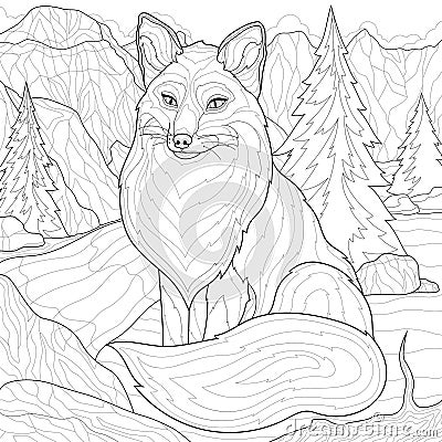 Fox and nature.Mountains, river and spruce Stock Photo