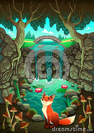 The fox near a pond Vector Illustration