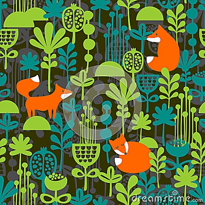 Fox in night forest seamless pattern Vector Illustration
