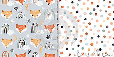 Childish seamless patterns set with foxes, rainbows and dots, pastel colors Vector Illustration