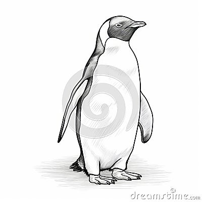 Isolated Penguin Drawing With High-contrast Shading And Linear Outlines Cartoon Illustration