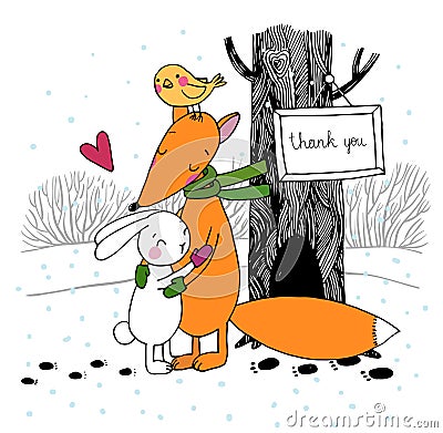 Fox, rabbit, bird and tree. Winter. Vector Illustration