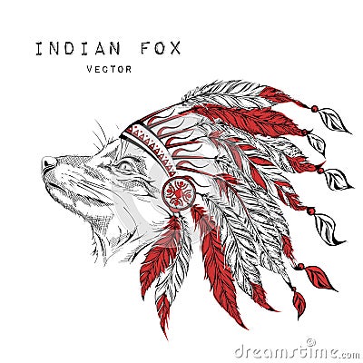 Fox in the red indian roach. Indian feather headdress of eagle Vector Illustration