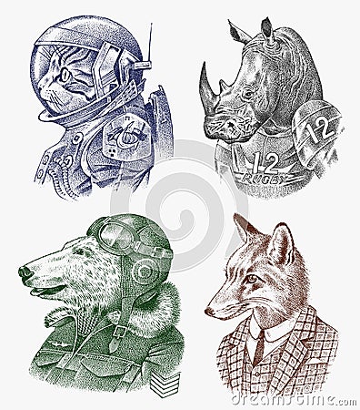 Fox and Rhino dressed up in Suit. Cat and Polar bear. Astronaut or Spaceman. Fashion Animal characters set. Hand drawn Vector Illustration