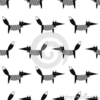 Fox seamless pattern. Black and white cartoon foxy vector illustration. Vector Illustration