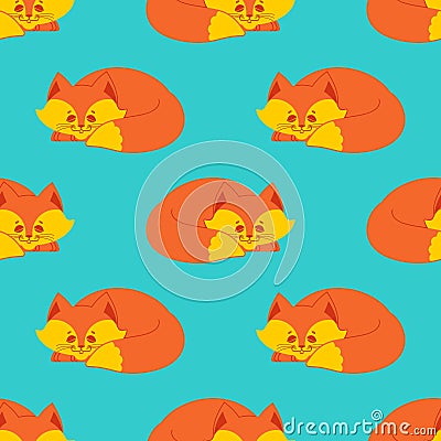 Fox sleeps seamless pattern. Sleeping wild beast background. Tex Vector Illustration