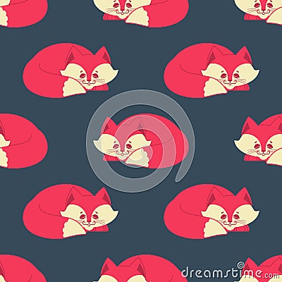 Fox sleeps seamless pattern. Sleeping wild beast background. Tex Vector Illustration