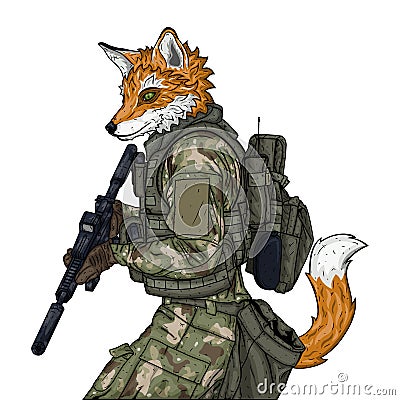 Fox soldier character. Vector illustration isolated on white background. Vector Illustration