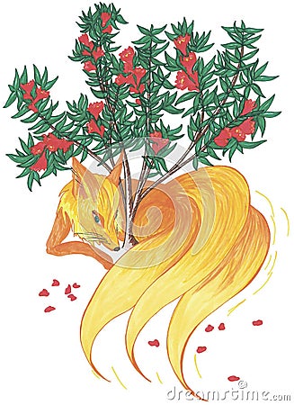 A fox with three tails lies curled around the trunk of a flowering pomegranate tree Stock Photo