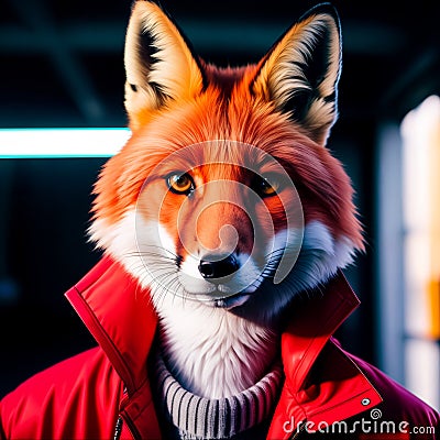 The fox is wearing a red jacket indoors. Concept of successful confident cunning businessman. Generative AI. Stock Photo