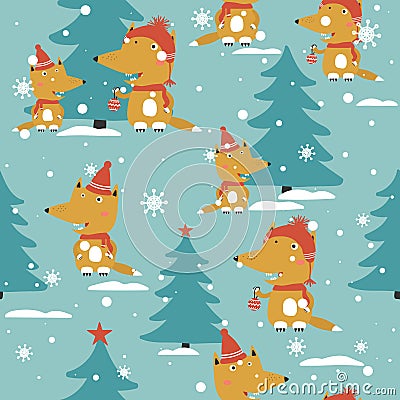 Foxes, fir-trees, snow, seamless pattern Vector Illustration