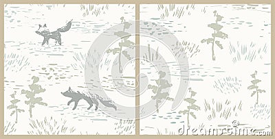 Foxes forest seamless pattern. Hand drawn meadow landscape. Woodland vector Vector Illustration