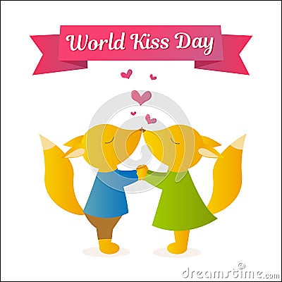 Foxes holding hands and kissing. Vector Illustration for the holiday. World kiss day Vector Illustration