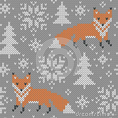 Foxes snowy forest jacquard knitted seamless pattern Vector Illustration
